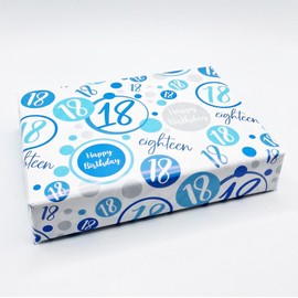 4 Sheets 4 Matching Gift Tags 18th Birthday Wrapping Paper Age 18 Birthday Blue White Gift wrap Male (PA)