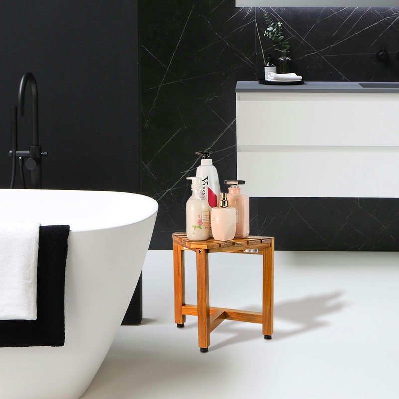 VaeFae Teak Shower Corner Bench, Wooden Foot Rest, Shower Bench