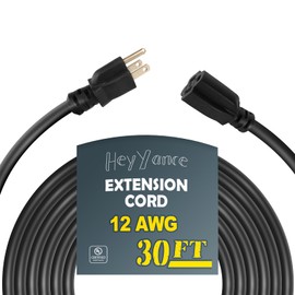 HeyYance 30 Ft Heavy Duty Outdoor Extension Cord Waterproof - 12/3 SJTW 15A 1875W Black Extension Cable with 3 Prong Grounded Plug, Waterproof Electric Cable for Lawn, Garden, Appliances, UL Listed