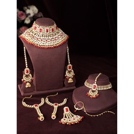 Aheli Indian Traditional Bridal Choker Necklace Matha Patti Nose Ring Haath Phool Earrings Bollywood Jewelry Red Gift for Women