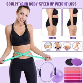 Pilates Ring Set - Home Workout Equipment Set with 12.6'' Magic Circle, 9.8'' Ball, Sliding Disks, Resistance Bands & Training Poster etc, Pilates Kit for Beginners, Fitness Gift Idea