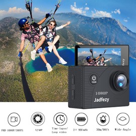 Jadfezy Jadfezy Action Camera FHD 1080P 12MP, 98FT/30M Underwater Waterproof Camera with 2 Batteries, Wide Angle Sports Camera with Accessories Kit Suitable for Helmet, Bicycle, etc.