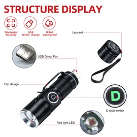 DARKDAWN Redlight Flashlight Rechargeable USB, LED Mini Red Light Flashlights Focus Adjustable, Flash Light Portable with Pocket Clip for Fishing, Beekeeping, Hunting, Night Astrophotography