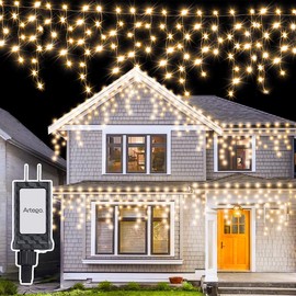 Serie De Luces Navidad Tipo Cascada Lluvia Luz Cálida Dorada 192 Leds 5m Cable Transparente Para fachada Navideña Boda de Exterior Christmas Lights Outdoor