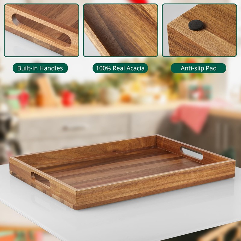 2 Pack Acacia Wood Serving Tray with Handles - 17