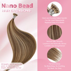 MioYio Nano Hair Extensions Human Hair P4/16#-Dark Brown Mixed With Gold 18inch 40G/50S/Pack Nano Bead Hair Extensions Human Hair Nano Ring Hair Long Straight For Women