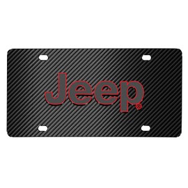 iPick Image for Jeep 3D Logo Red Edge on Black Carbon Fiber Patten Stainless Steel License Plate for Decorative