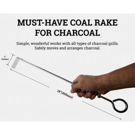 18" Charcoal Grill Rake Parts, BBQ Ash Tool Poker for Smoker. Cleaning Out and Moving Coals - Ash Shovel Tongs for Fireplace, Pizza Oven, and Wood Stove. Great BGE, Classic Joe Accessories, Stainless