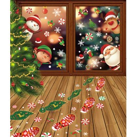 AnyDesign 14 Sheets 176Pcs Christmas Window Clings & Peppermint Floor Decals Santa Footprints Reindeer Stickers Assorted Size Xmas Candy Snowflake Wall Decals for Candy Party Winter Home Decoration