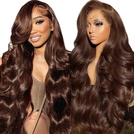 Chocolate Brown Lace Front Wig Human Hair Body Wave 13x6 HD Lace Front Wigs Human Hair Pre Plucked 200 Density Colored 4# Brown Wig For Women 34 Inch