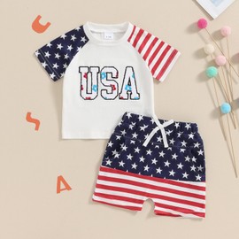 Sprifallbaby Baby Boy Girl Independence Day Set, Letter Embroidery Short Sleeve Tops Striped Shorts Infant Toddler Summer Set (White, 2-3 Years)