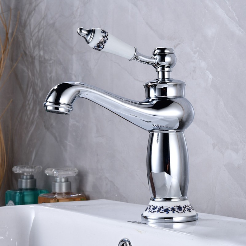 Ceramic Antique Brass Faucet Single Handle Blue White Porcelain Long