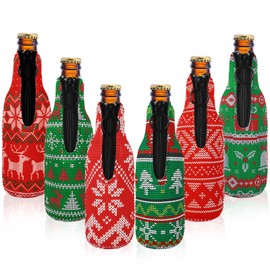 JarThenaAMCS 6Pcs Christmas Beer Bottle Jacket Sleeve Ugly Sweater Neoprene Bottle Insulator Cover Red Green Thermocoolers Zip-Up Bottle Cooler for Xmas Winter Party, 2.8 x 7.7 In