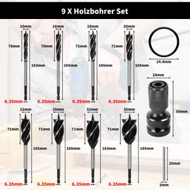 9 Stück Extra Lange Holzbohrer Bohrer Set mit schlagschrauber adapter 10mm, 16mm, 18mm, 20mm, 22mm, 25mm, 32mm, 35mm, Cobalt Bohrer Set mit Spiralbohrer für DIY-Holzbearbeitung, Schnitzen, Gravieren