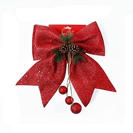 Christmas Decorative Bows Glitter Christmas Bowknot with Pine Cone for Wreath Garland Christmas Treetopper Holiday Decorations (Gold) (Red)