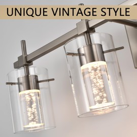 NOVCAND 3-Light Vanity Light, Brushed Nickel Vanity Light with 3 Color Modes (3000K/4000K/6000K), Eye Protection Dimmable LED Bathroom Light Modern Wall lamp Over Mirror with Clear Glass Shade