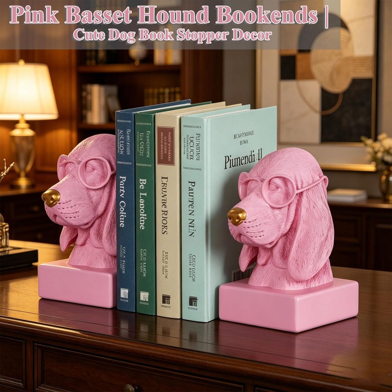 Pink Dog Book Ends for Shelves,Set of 2 Decorative Bookends