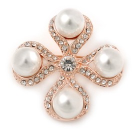 Avalaya Vintage Inspired White Glass Pearl Crystal Cross Brooch in Rose Gold Metal - 45mm