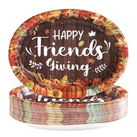 Grencian 50Pcs Friendsgiving Paper Plates 10" x 12" Large Disposable Heavy Duty Fall Friendsgiving Paper Plates Pumpkin Maple Leaves Dessert Platters for Fall Harvest Thanksgiving Party Supplies