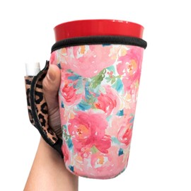 Lit Handlers Pint Glass Sleeve -Neoprene Cup Holder with Handle & Pocket for Pint Cup -Machine Washable & Reusable Covers- Insulated, Water Resistant & Snug Fit Beer Cooler (Summer Blooms w/Leopard)