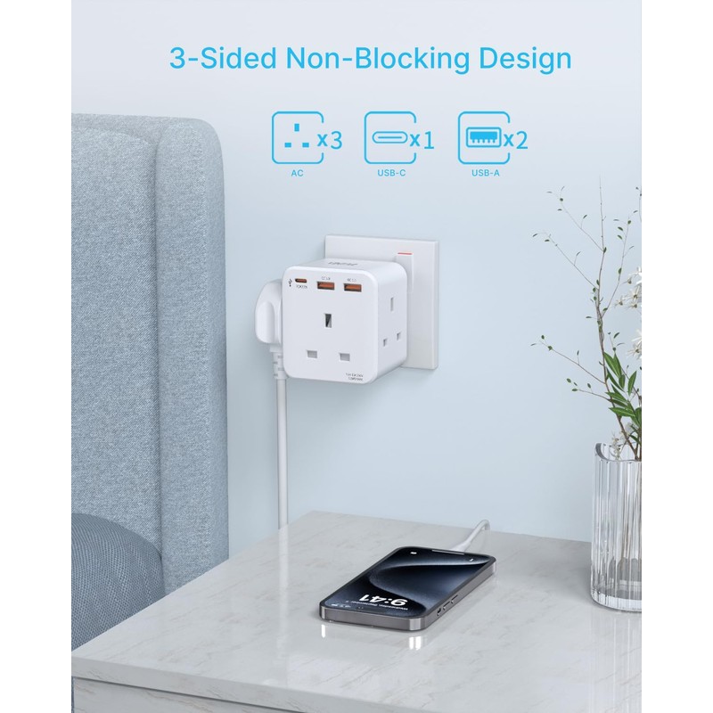 Multi Plug Adaptor with PD 20W Fast Charge USB C