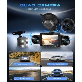 360 View 4 Channel Dash Cam Front and Rear Inside Left Right, Dash Camera for Cars, Touch Screen 3", Night Vision, 24/7 Recording Parking Mode Monitor