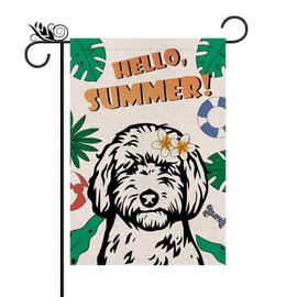Hello Summer Garden Flag Golden Doodle Vertical Double Sided Dog Tropical Flowers Plumeria Seasonal Farmhouse Yard Outdoor Decorations 12.5 x 18 Inch