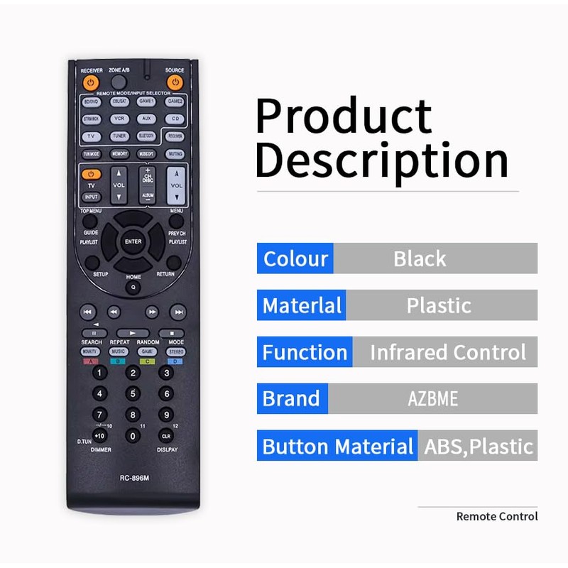 RC-896M Replacement Remote Control for Onkyo AV Receiver TX-SR444 TXSR444