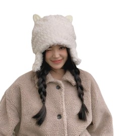 Wayolyn Fuzzy Hat Sheep Horn Beanie Fluffy Beanies Y2k Accessories Winter Hats Warm Ear Flap Cute Lamb Knitted Cap (White,HC:22-24(in),Medium)