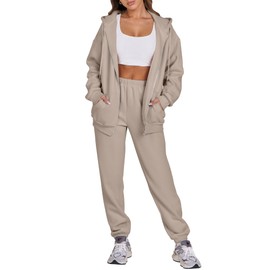 ANRABESS Womens 2 Piece Outfits Sweatsuits Oversized Zip Up Sweatshirt Jogger Sweatpants Tracksuit Sweat Lounge Matching Set White Medium