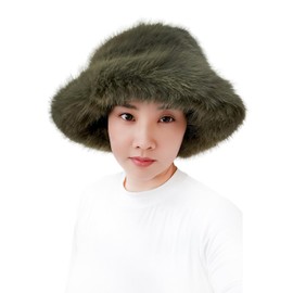 Lina & Lily Oversized Winter Faux Fur Bucket Hat for Women - Long Pile Fur Wide Moldable Brim (Army Green)