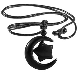 KYEYGWO Unisex Crystal Moon Pendant with Adjustable Wax Rope, Crystal Stone Crescent Star Necklaces Healing Stone Amulet Half Moon Lucky Charm Jewelry, Obsidian