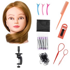 26"-28" Long Hair Mannequin Head with 60% Real Hair, Hairdresser Practice Training Head Cosmetology Manikin Doll Head with 9 Tools and Clamp - #27 Golden, Makeup On