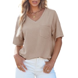 AlvaQ Oversized Tshirts for Women Summer Trendy Tops Solid Color V Neck Knit Tees Loose Fit Casual Pullover Tunic Top with Pocket 2024 Camel Small