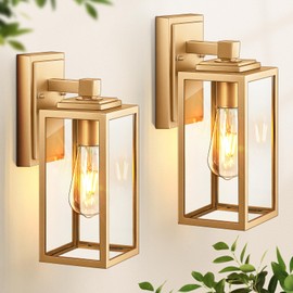 VIANIS Gold Outdoor Wall Lights, 2 Pack Waterproof Outdoor Porch Lights, Anti-Rust Porch Lights Outdoor, Outdoor Light Fixture for House, Garage, Doorway, Garden, Tempered Glass, E26 Socket
