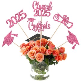 15 PCS 2025 Graduation Centerpiece Sticks Diploma Congrats Grad Cap 2025 Table Flower Centerpieces Class of 2025 Senior Graduation Floral Decorations for 2025 Graduation Theme Party Supplies Pink