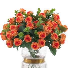 Emivery 4Pcs Artificial Mini Rose Eucalyptus Flower Bouquet, Burnt Orange Rose with Stems Silk Fall Floral Arrangement Home Table Garden Decoration