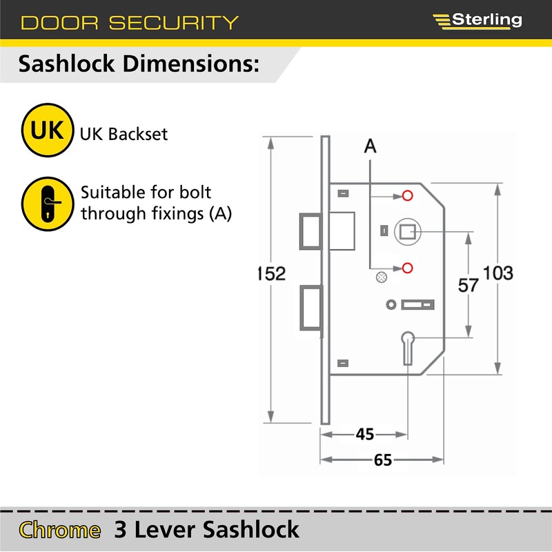Sterling MLS325N 2.5-inch/65mm 3-Lever Sashlock - Nickel