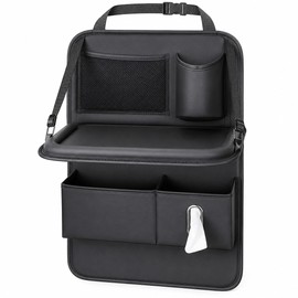 Foldable Leather Car Seat Back Organizer With Table for Rear-Seat Storage and Travel