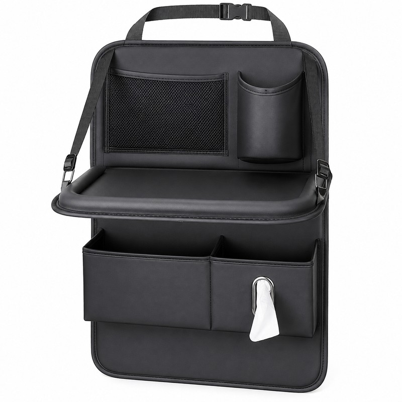 Foldable Leather Car Seat Back Organizer With Table for Rear-Seat