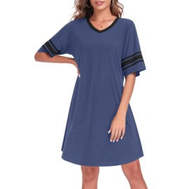 YVH Women's Nightdresses Nightshirt V Neck Nightwear Casual Nighties Sleepwear Short Sleeve Nightgown Night Dress Loungewear Pajama, Navy Blue, M