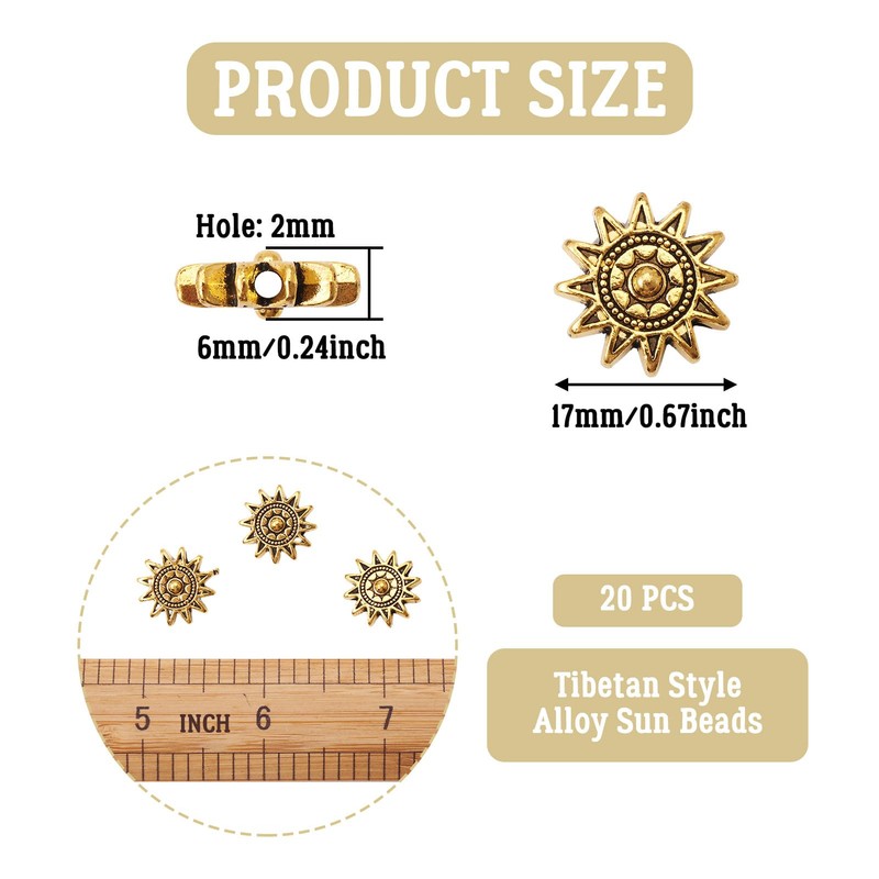 Spritewelry 15pcs Antique Bronze Sun Pattern Beads Tibetan Style Alloy