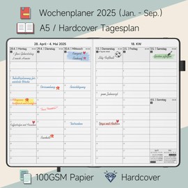 JAYSOO® Diary 2025 Weekly Planner 21 x 14.5 cm Daily Plan and Timetable, 12 Month Diary Hardcover (Jan-Dec. 2025) for Work, Learning and Family Plan - Black