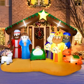 8FT Christmas Inflatables Nativity Scene Outdoor Decorations, Christmas Blow up Yard Decorations with LED Lights Large Nativity Set Outdoor Blow Up Christmas Inflatable Decorations for Xmas Party Lawn