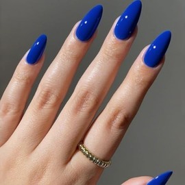 24Pcs Short Press on Nails Dark Blue Fake Nails Almond Shaped False Nails with Solid Color Designs Full Cover Acrylic Nails Glossy Artificial False Nails Finger Manicure for Women Girls