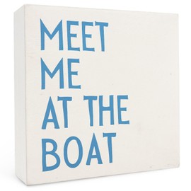 FHUGX Coastal Beach Wood Box Sign 5x5 Inches,Summer Meet Me At The Boat Box Sign,Blue Coastal Beach Sign For Teen Girls Home House Table Desk Shelf