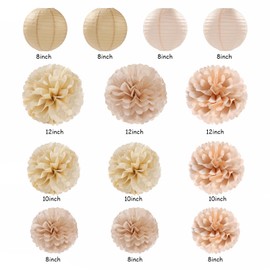 Decoraciones bohemias para fiestas de color beige, champaña, dorado, blanco, melocotón, 20 unidades, color neutro, para baby shower, rústico, para boda, pompones de pañuelo, bolas de panal, para
