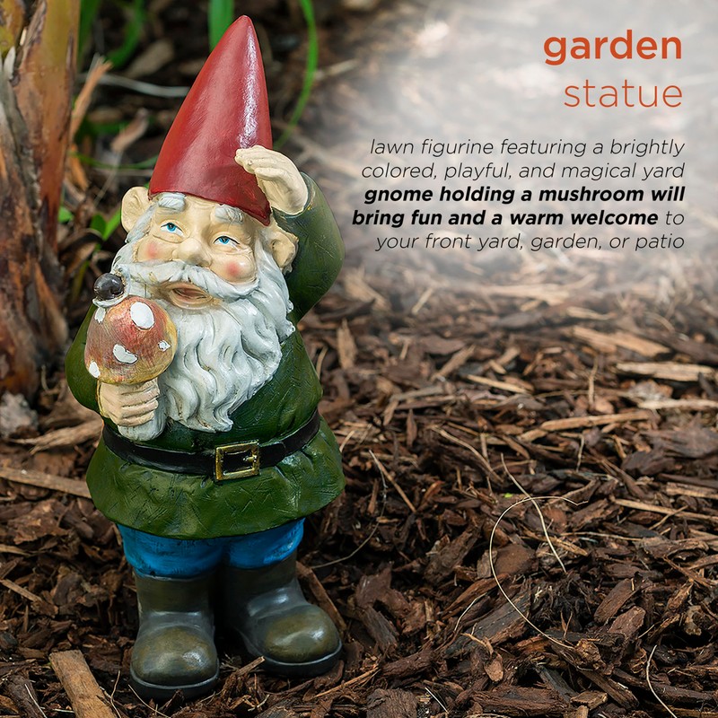 Alpine Corporation 12" Tall Outdoor Garden Gnome with Mushroom Yard