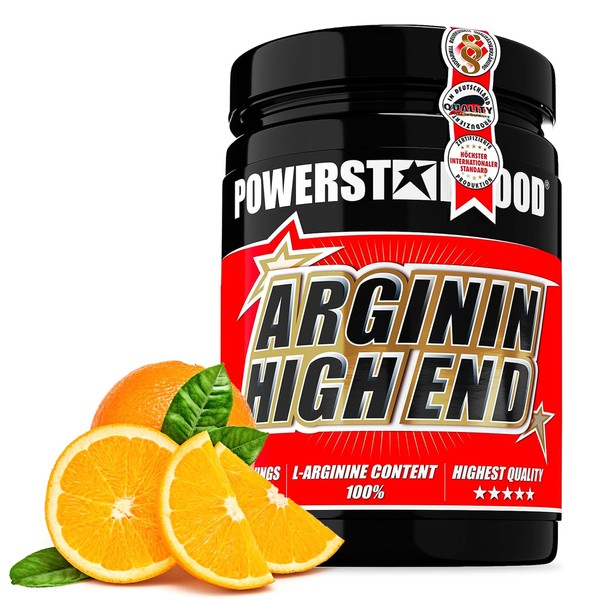 Powerstar Arginine High End 500 g L-Arginine Powder High Dose & Vegan German Production According to IFS 100% L-Arginine Base without Added Sugar Maximum Nutrient Supply Juicy Orange