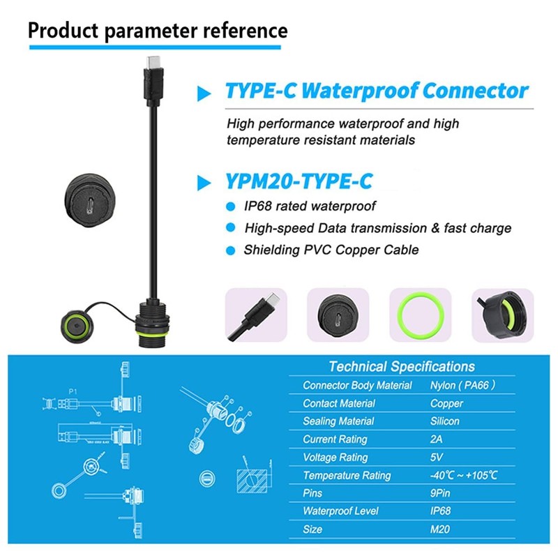 PENGLIN 1 Piece M20 IP68 Waterproof USB 3.1 Type C